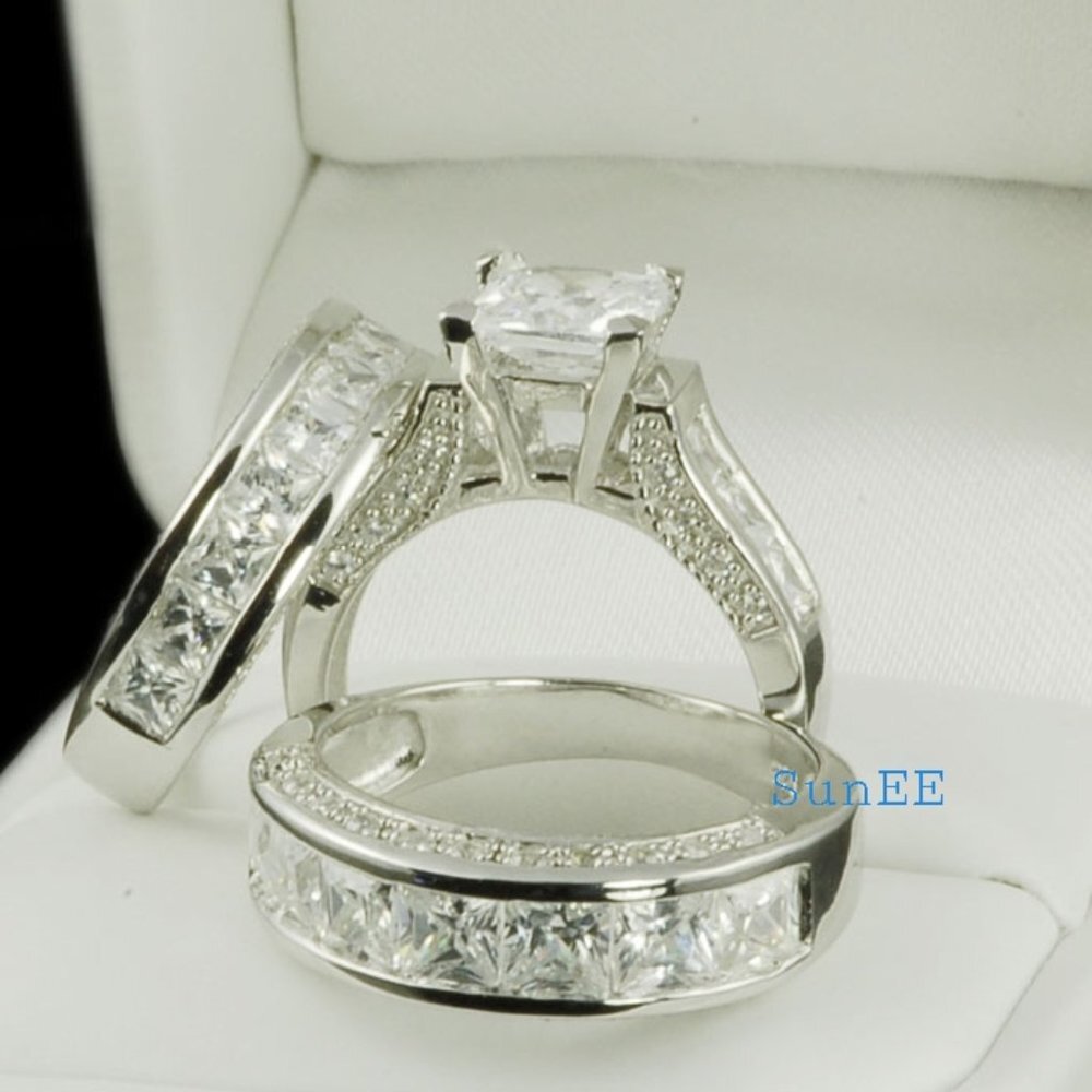 NEW STERLING SILVER HIS HERS PRINCESS DIAMOND WEDDING RINGS ENGAGEMENT R…